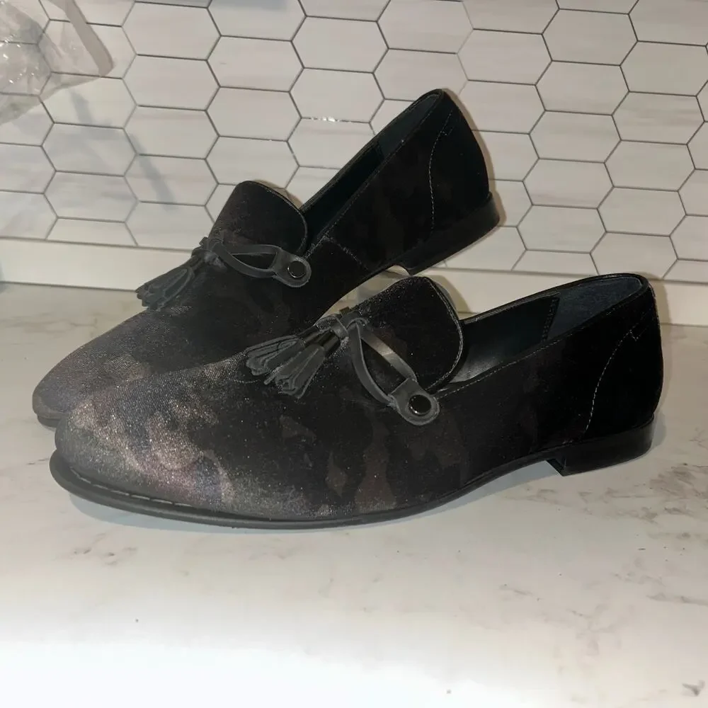 ALDO Mens Camo Velvet Tassel Loafers Size 12 Black Gray Slip On Dress Shoes 45